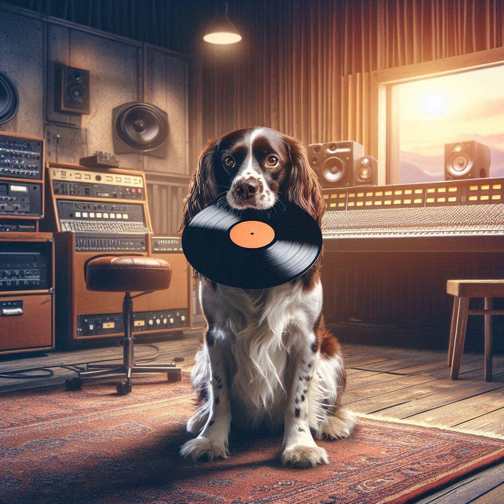 A springer spaniel sitting in a recording studio holding a vinyl record in its mouth